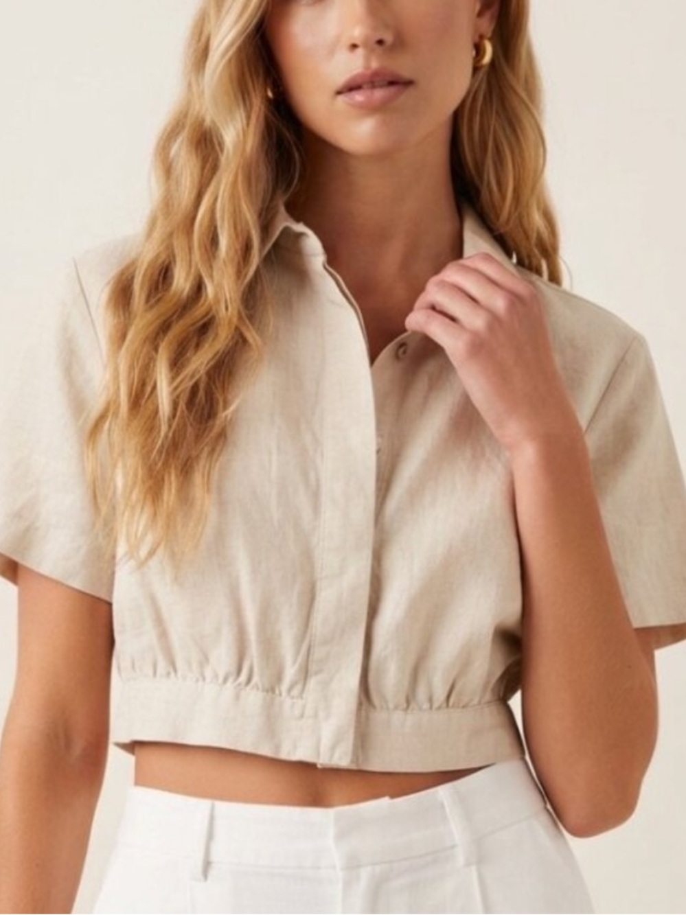 Onia Women's Cream Cropped Linen And Lyocell-blend Shirt Large 57013